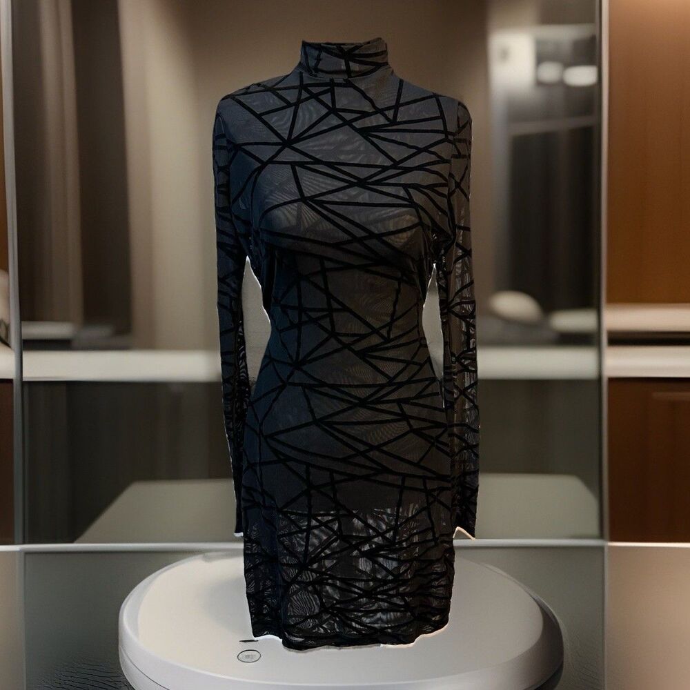 Sheer Mesh bodycon black see through with velvet asymmetrical lines dress Size S